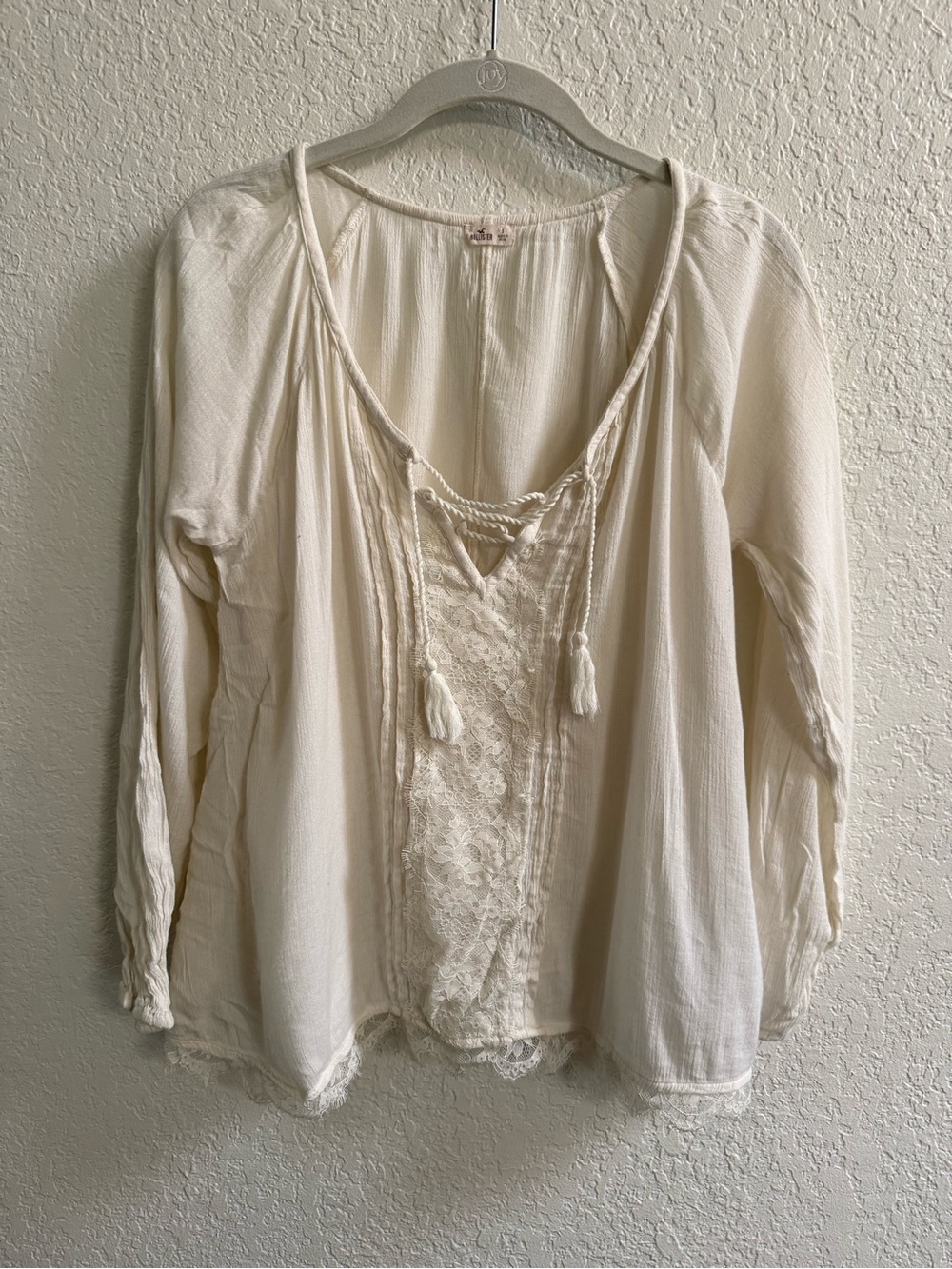 Hollister Cream Lace-Front Peasant Blouse with Tassels